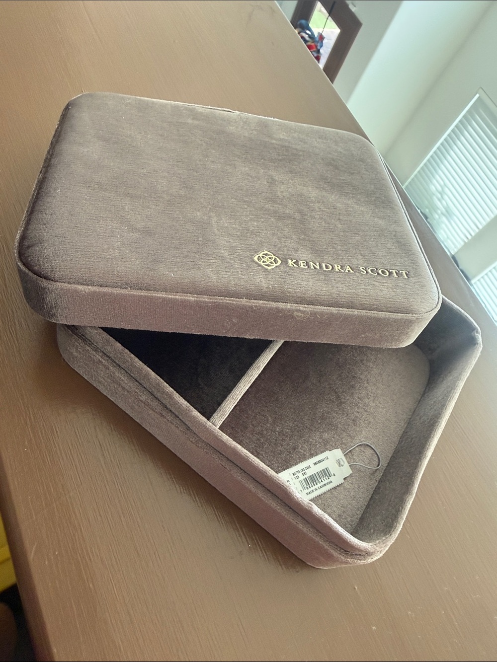 Kendra Scott Velvet Jewelry Organizer in Taupe with Gold Logo